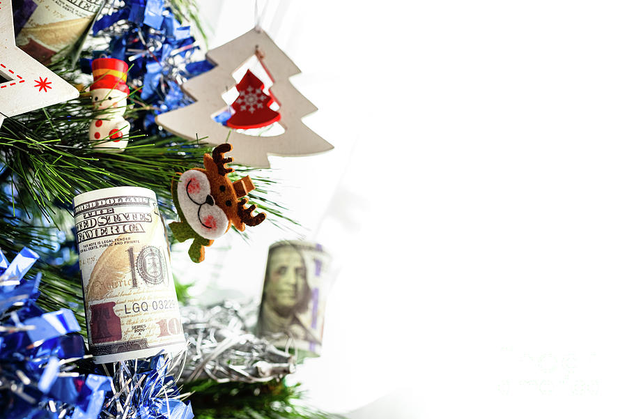 Detail Of Christmas Tree With Decorations And Dollar Bills Wishi Photograph