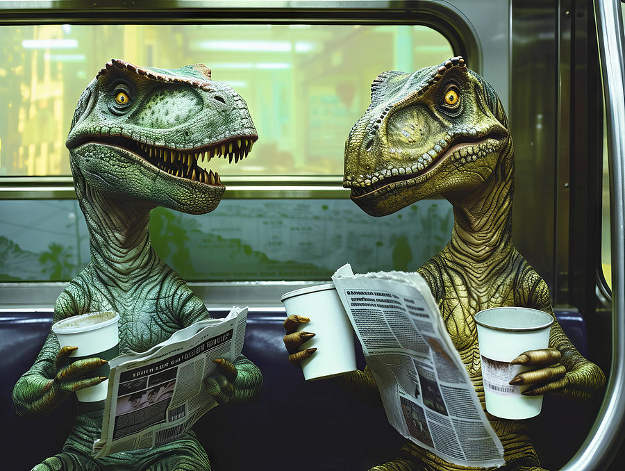 Dinosaurs in subway car commute #1 Drawing by Karen Foley