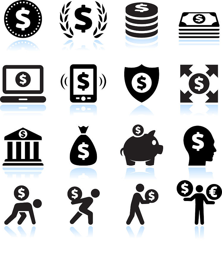 Dollar Finance and Money Black & White vector icon set #1 Drawing by Bubaone
