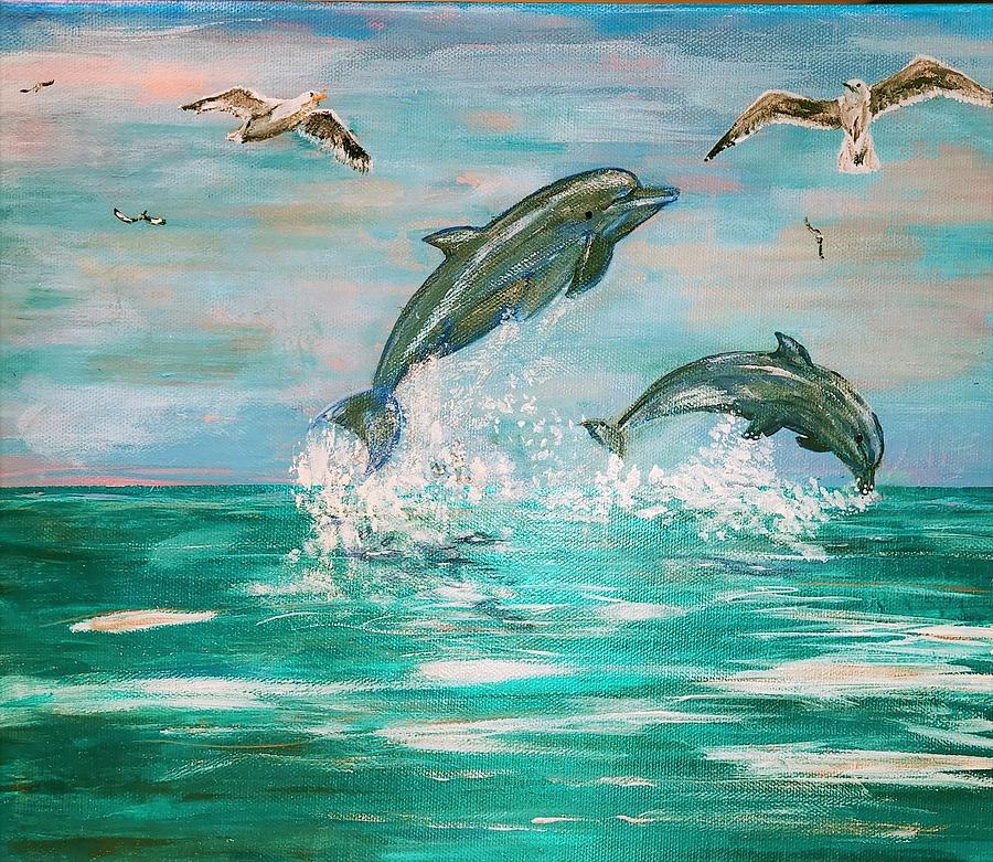 Bird Painting - Dolphins at Play #1 by Linda Cabrera