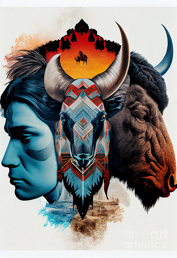 Fantasy Digital Art - Double  exposure  Collage  Buffalo  vs  native  Ameri  by Asar Studios #1 by Celestial Images