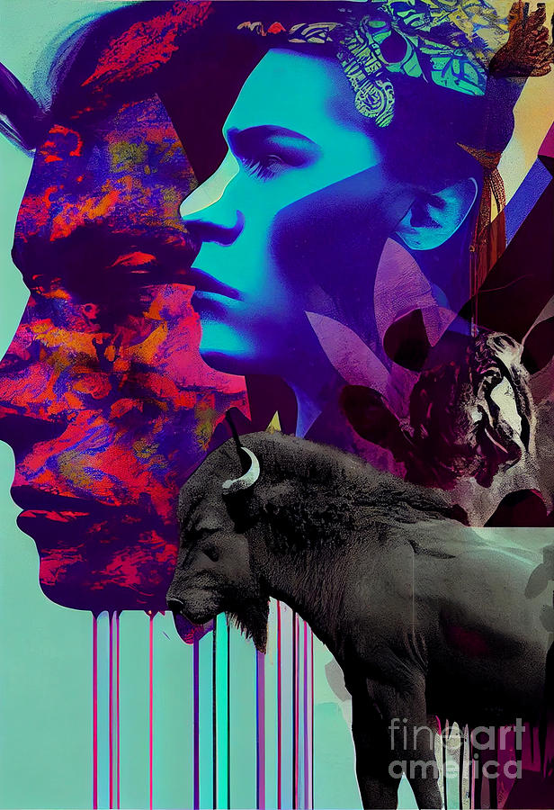 Fantasy Digital Art - Double  exposure  Collage  Buffalo  vs  native  by Asar Studios #1 by Celestial Images