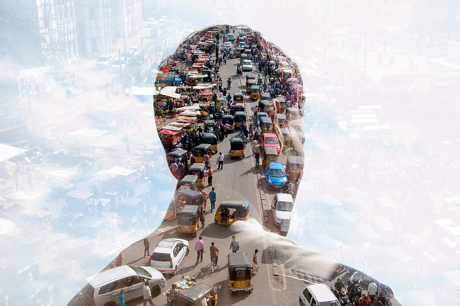 double exposure of man and Indian cityscape #1 Photograph by Jasper James
