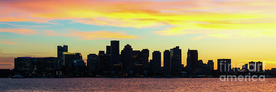 Downtown Boston City Skyline at Sunset Panoramic #1 Photograph by Paul Velgos