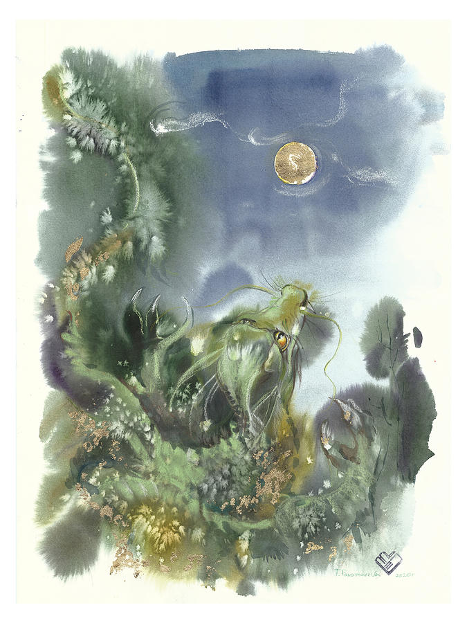 Dragon Painting - Dragon Looks At The Moon #2 by Tatyana Ponomareva