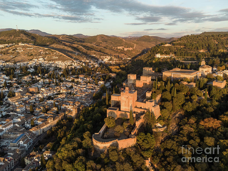 Dramatic aerial view of the Alhambra palace and fortress in Gran ...