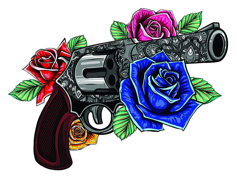 Drawing Of A Gun With Colored Roses Digital Art by Dean Zangirolami