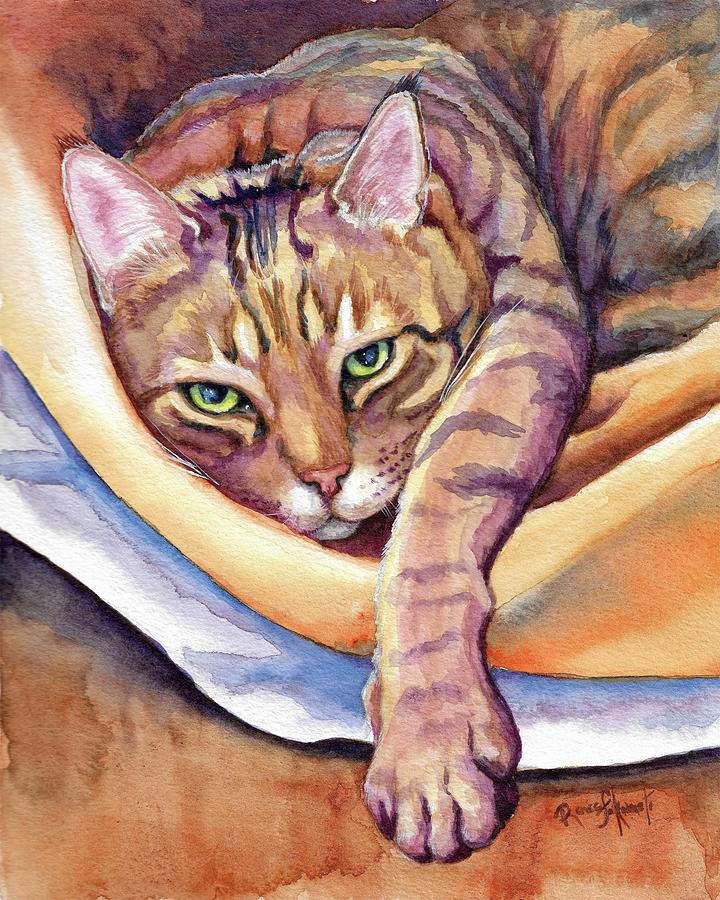 Dreamy Purring Tabby Cat Watercolour Painting by Renee Forth-Fukumoto