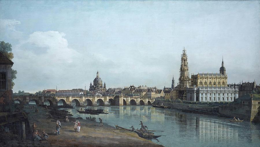 Canaletto Painting - Dresden seen from the Right Bank of the Elbe  beneath the Augusts Bridge  #1 by Canaletto