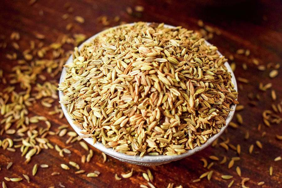 Dried Fennel Seeds in Silver Bowl Closeup Top View Photograph by ...