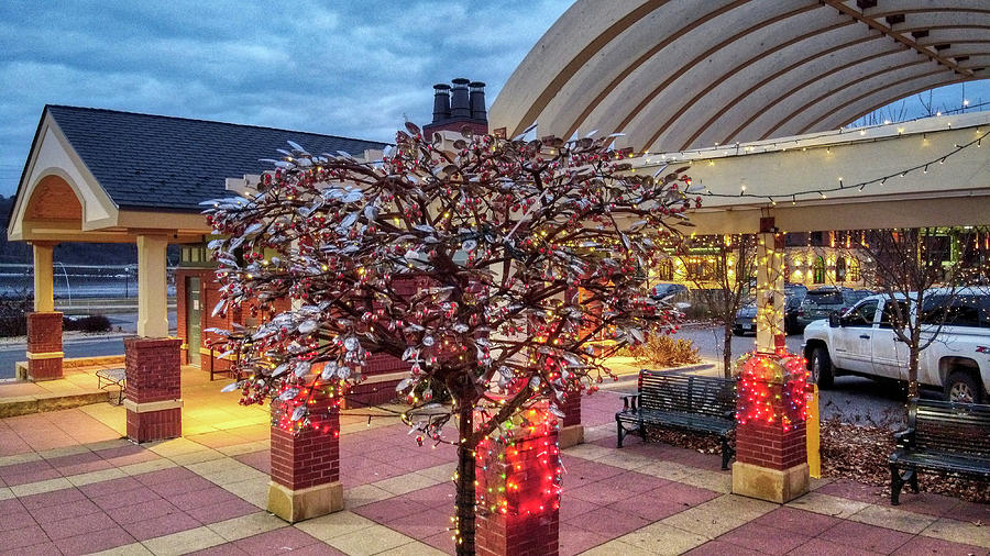 Drone Aerial View Downtown Stillwater Minnesota Night Holiday Lights