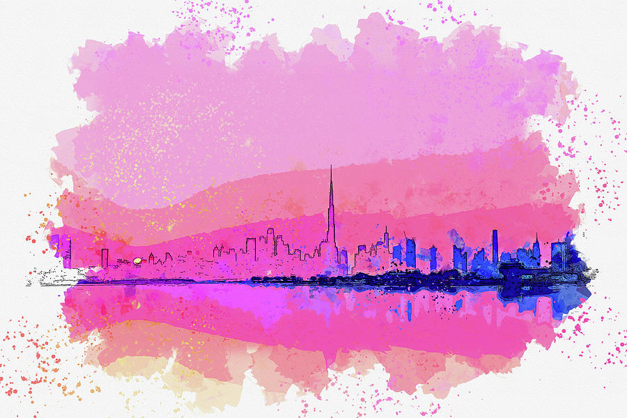 .dubai City Skyline Silhouette Cityscape Sunset Burj Khalifa Painting