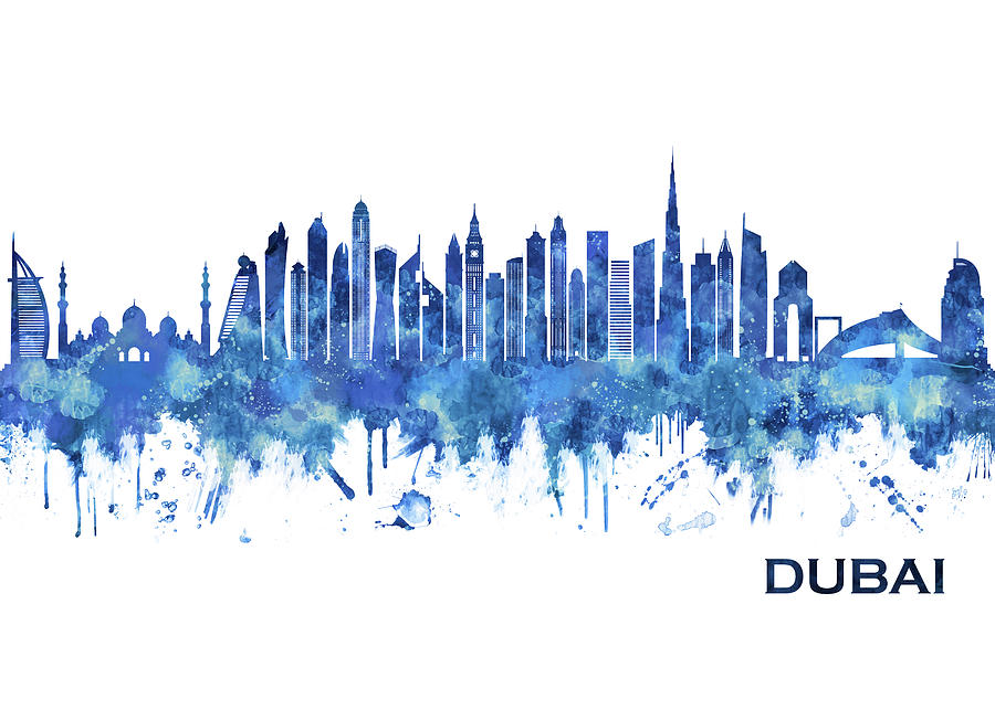 Dubai Uae Skyline Blue Mixed Media