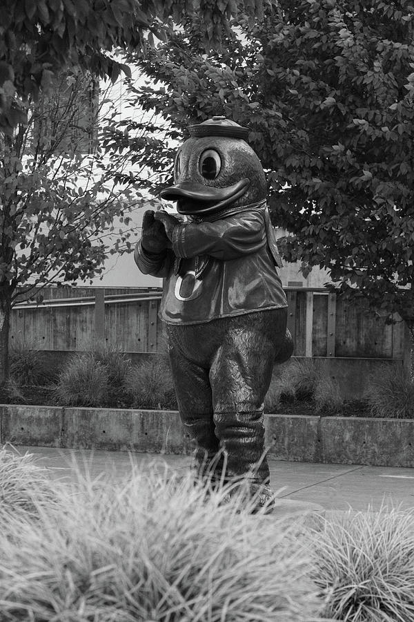 Duck statue at the University of Oregon in black and white #1 Photograph by Eldon McGraw