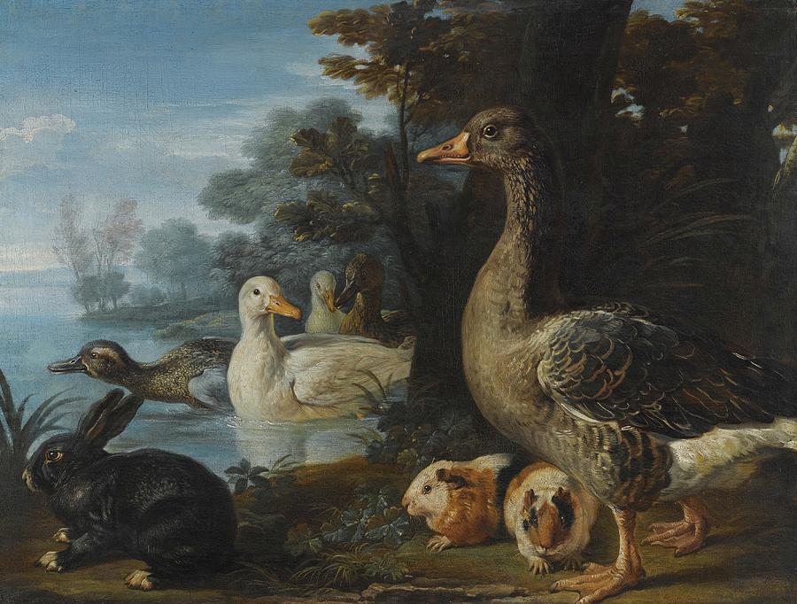 Ducks, guinea pigs and a rabbit in a wooded landscape beside a lake #2 Painting by David de Coninck