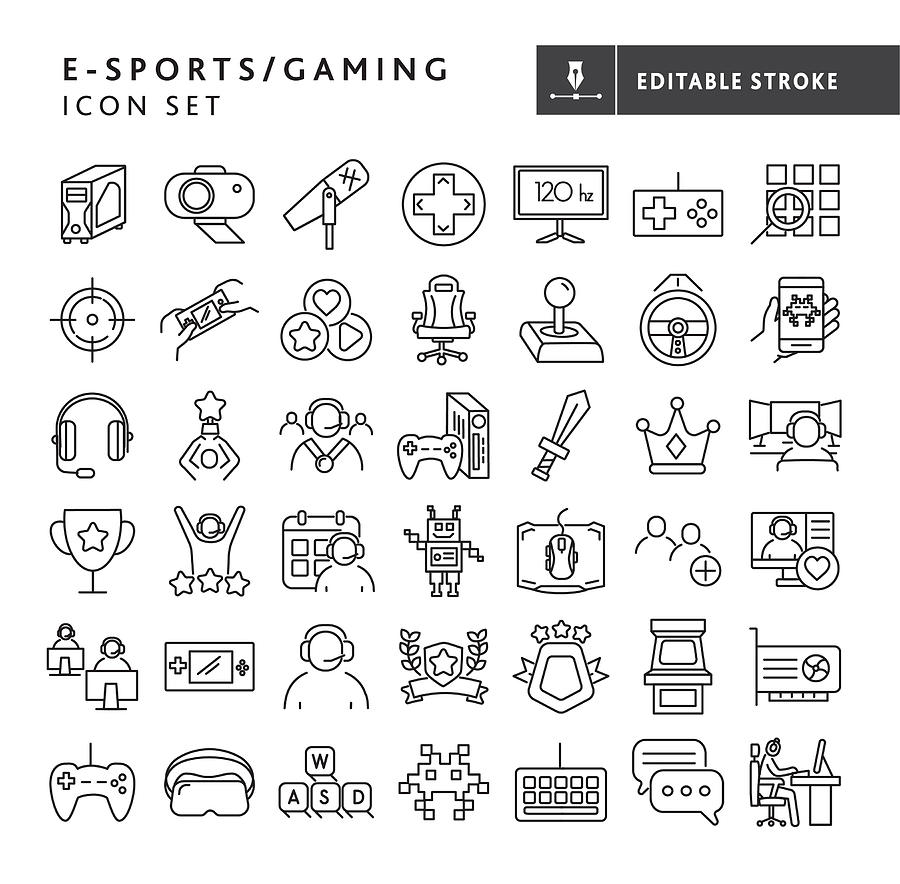 E-sports and gaming, gaming equipment, games, online streamers, winning big thin line Icon set - editable stroke #1 Drawing by JDawnInk