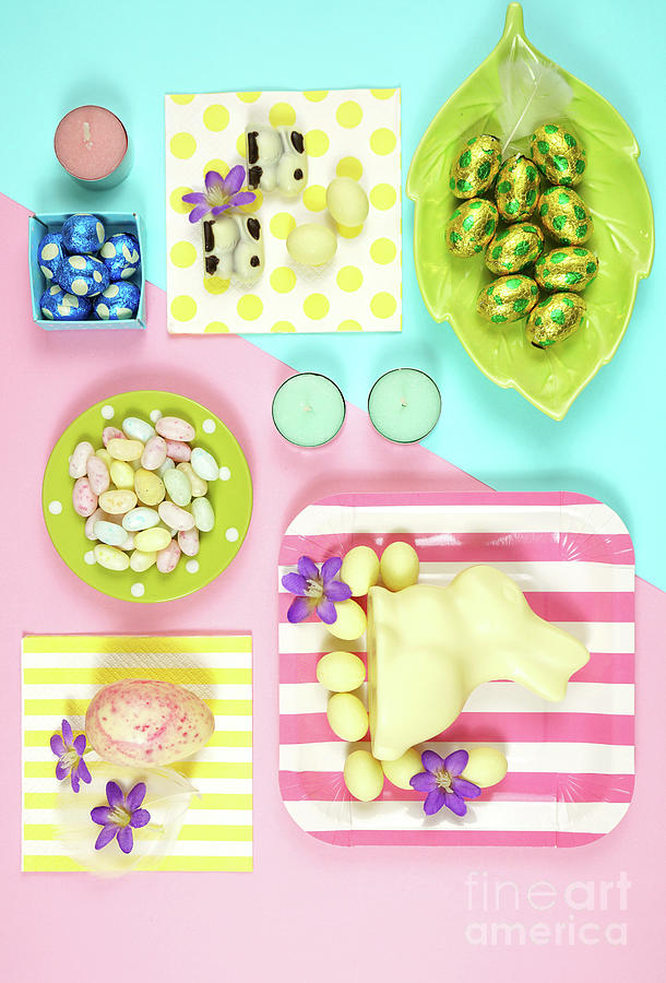 Easter Photograph - Easter creative layout flat lay with chocolate bunnies and Easter eggs. #1 by Milleflore Images