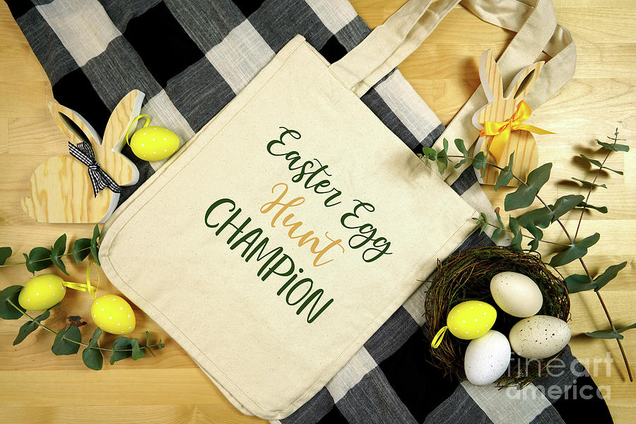 Easter Farmhouse product mockup with buffalo plaid and wood bunn #1 Photograph by Milleflore Images