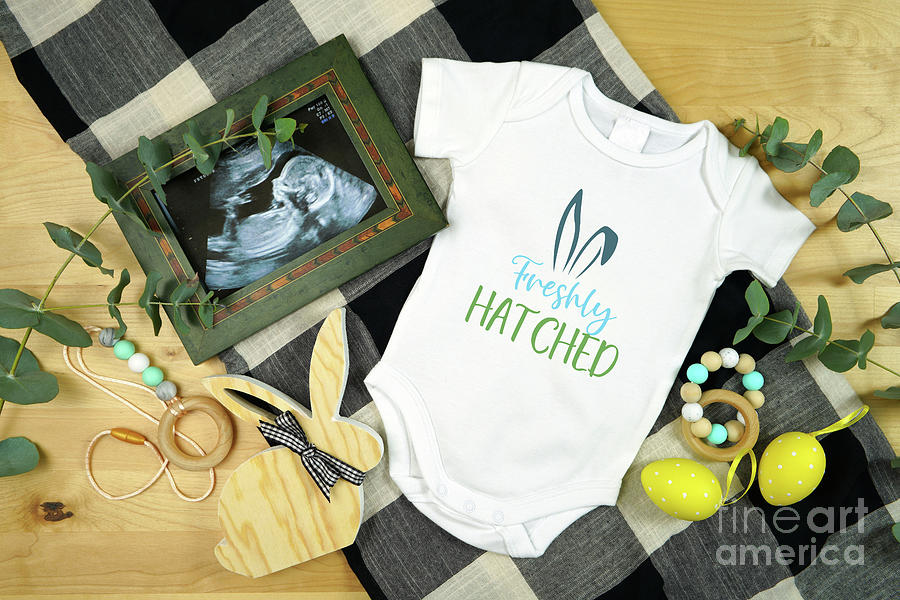 Easter farmhouse theme baby apparel top view flatlay. Mock up. #1 Photograph by Milleflore Images
