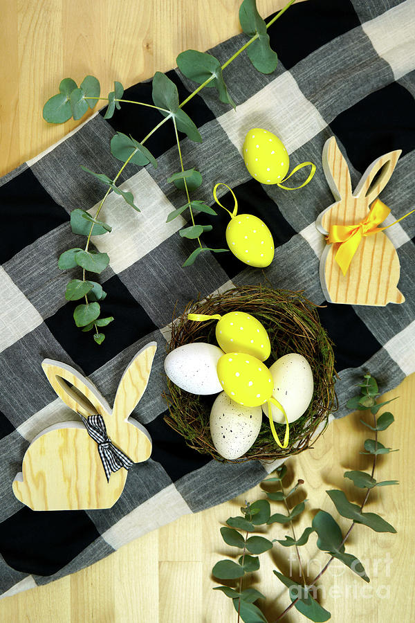 Easter farmhouse theme flatlay with black white buffalo plaid check. #1 Photograph by Milleflore Images