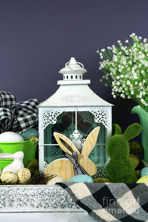 Easter farmhouse vignette with bunnies, Easter eggs and buffalo plaid check. #1 Photograph by Milleflore Images