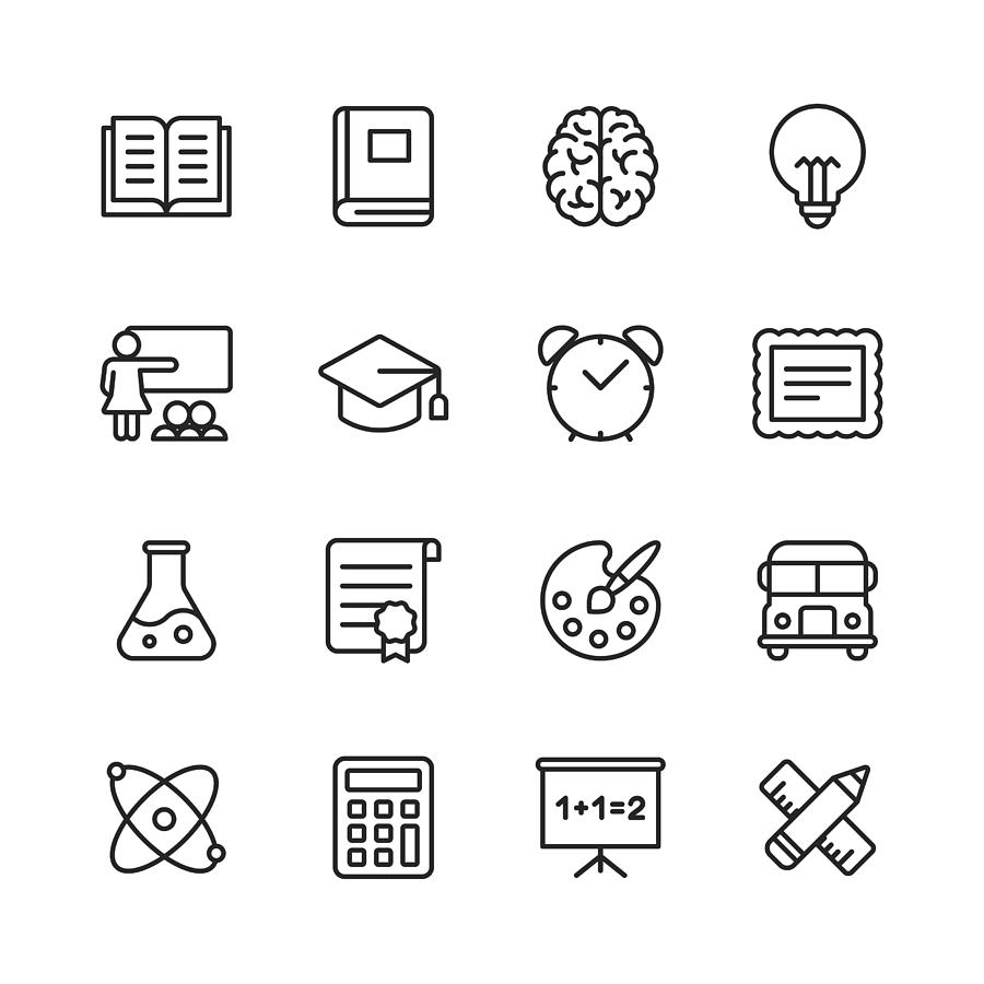 Education Line Icons. Editable Stroke. Pixel Perfect. For Mobile and Web. Contains such icons as Book, Brain, Inspiration, School Bus, Certificate. Drawing by Rambo182