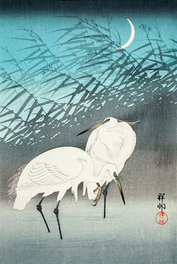 Egrets And Reeds In Moonlight By Ohara Koson Painting
