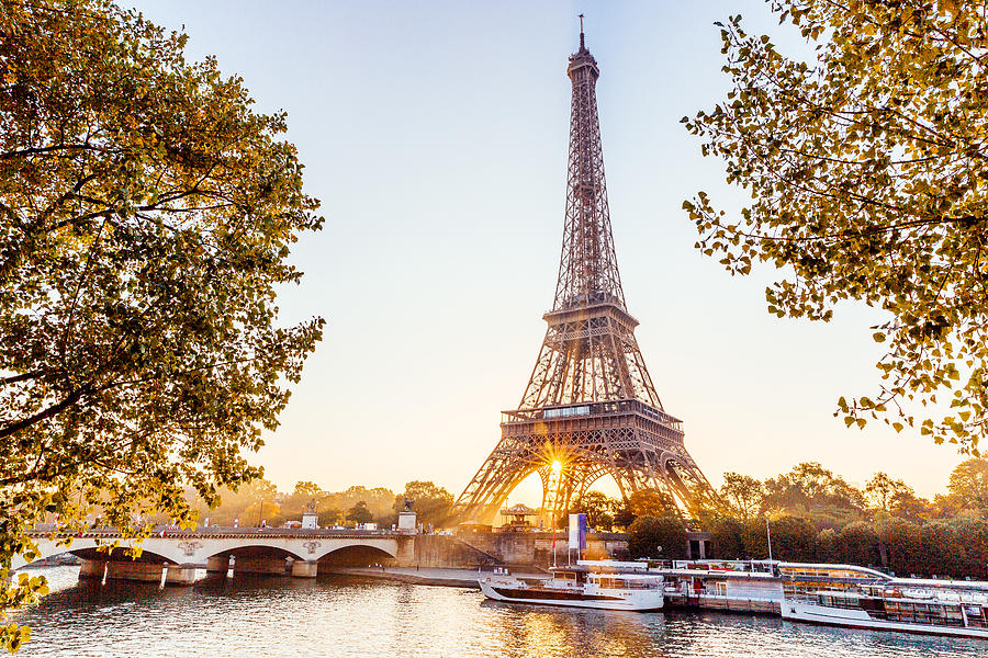 Eiffel Tower and Seine River at sunrise, Paris, France #1 Photograph by Alexander Spatari