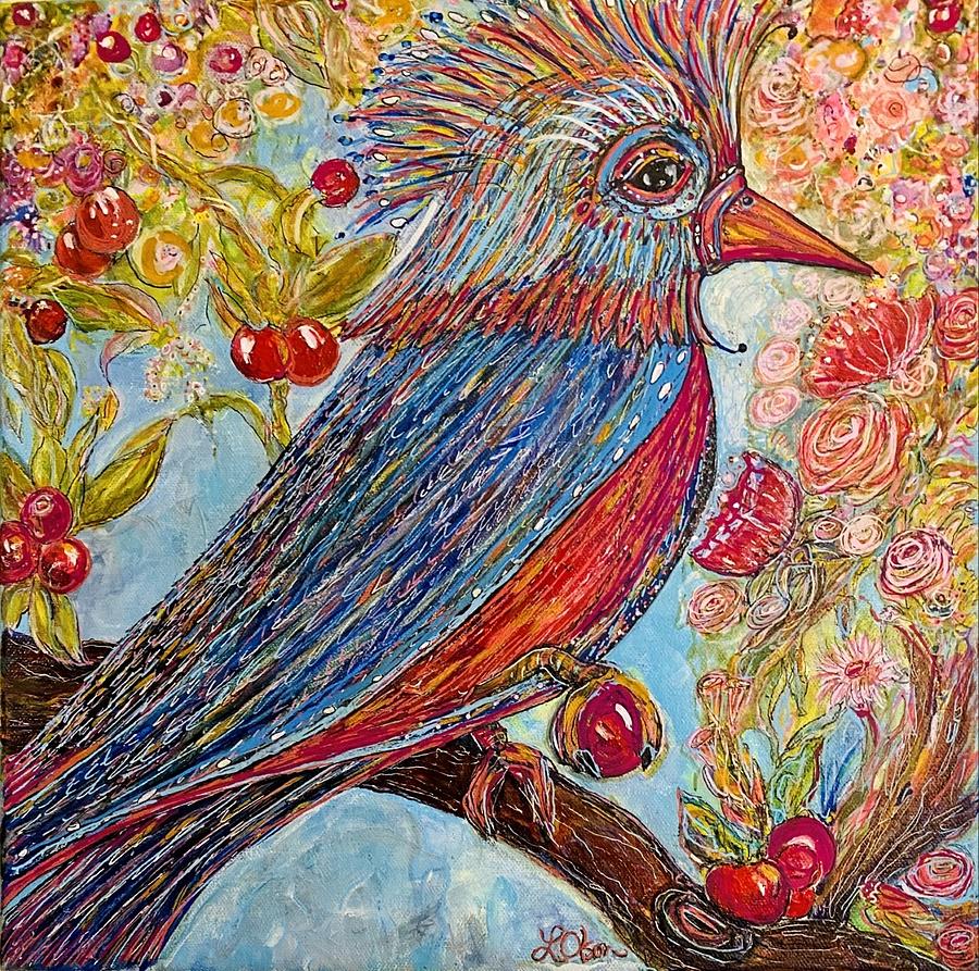 Electric Bird with Cherries #1 Painting by Coco Olson