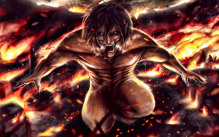 Eren Yeager 4k Attack on Titan fire manga Shingeki No Kyojin green eyes ...