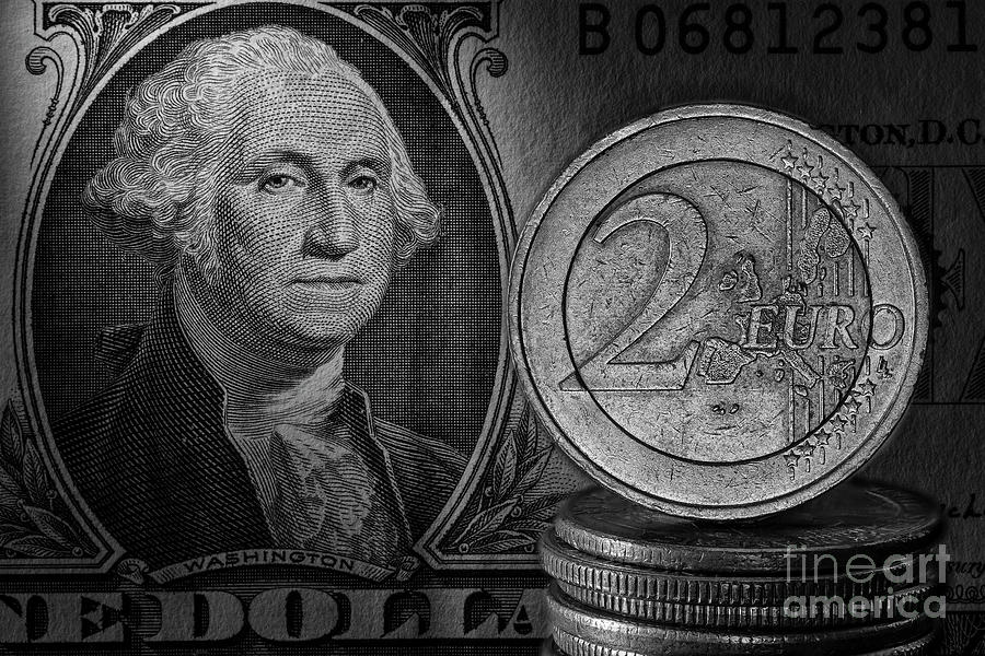 Euro and Dollar Exchange Rate Coin And Bill Relationship Black and White Macro #1 Photograph by Pablo Avanzini