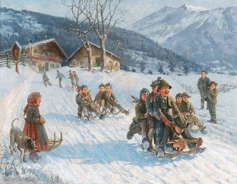 Winter Painting - Exciting Toboggan Ride #1 by Theodor Kleehaas German