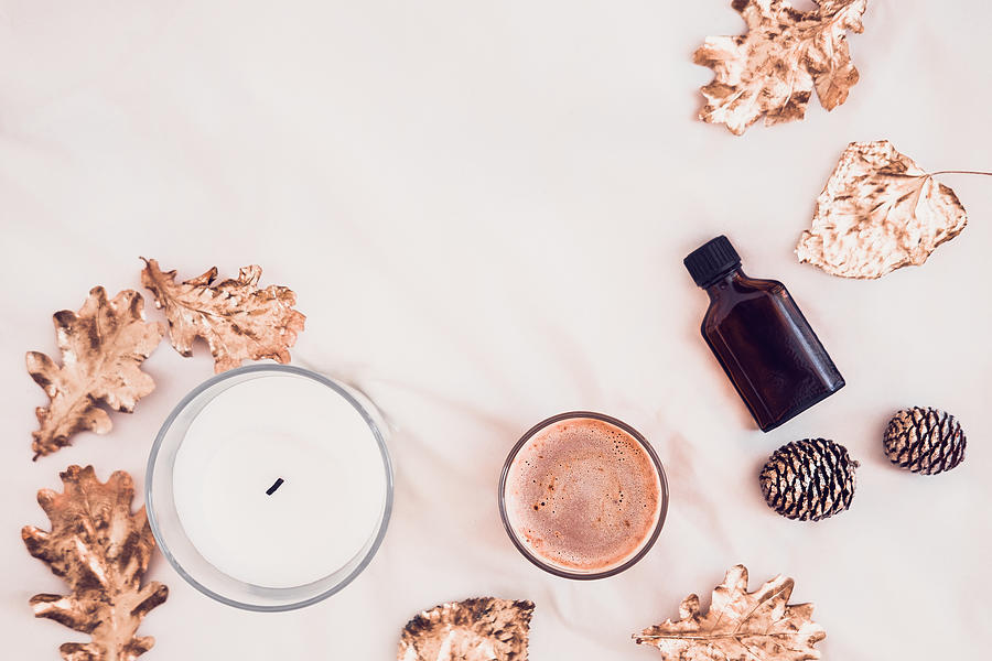 Fall spa beauty products flatlay on white #1 Photograph by JulyProkopiv