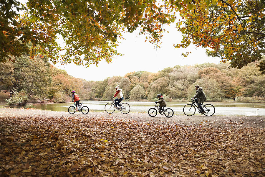 Family riding bicycles in park #1 Photograph by Caia Image