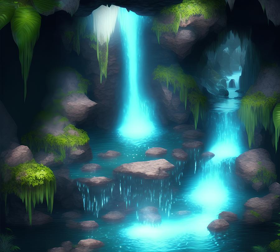 Fantasy Cave Waterfall, Generative AI Illustration Digital Art by ...