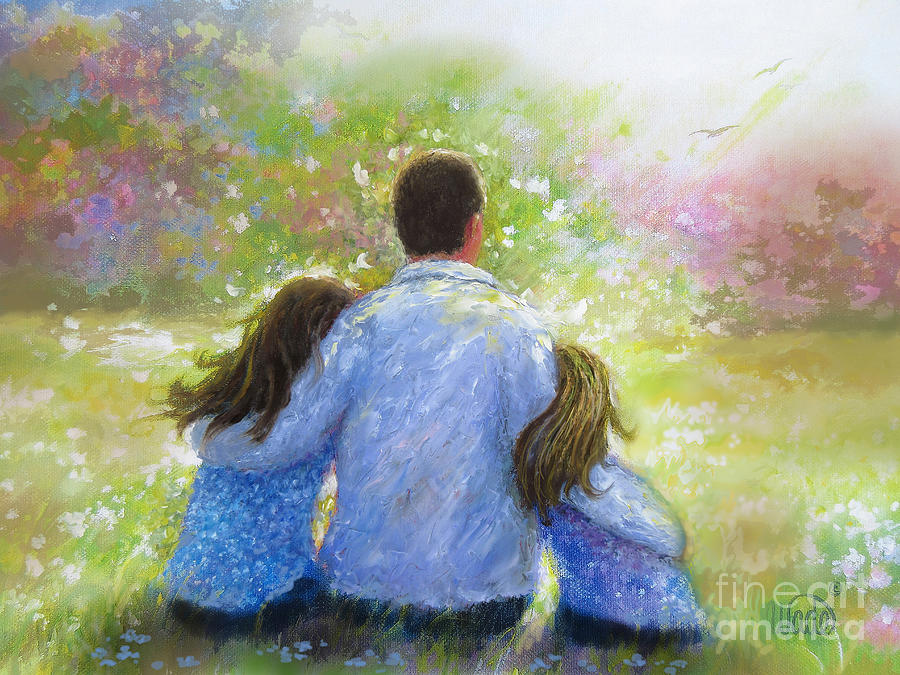 Father Two Daughters in Garden #1 Painting by Vickie Wade