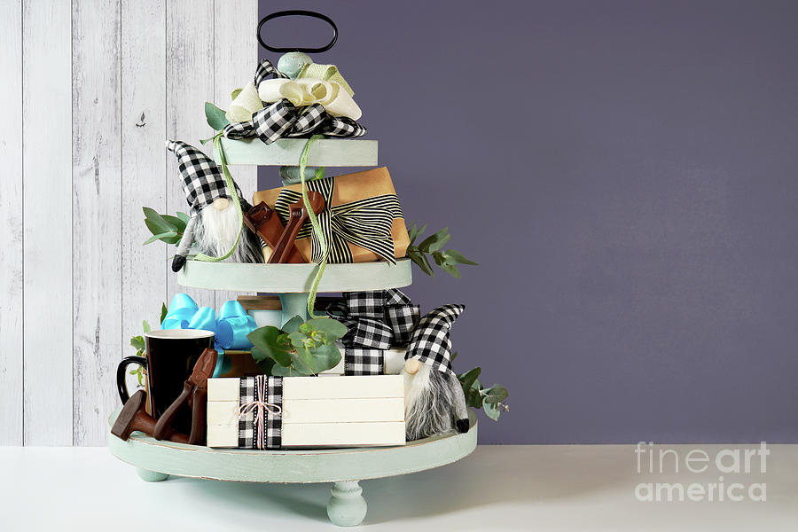 Fathers Day Farmhouse aesthetic three tiered tray decor. #1 Photograph by Milleflore Images