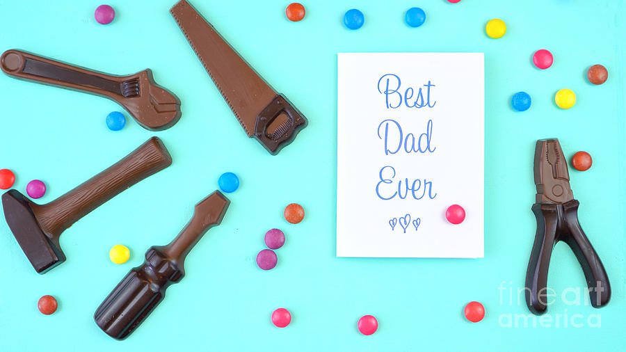 Fathers Day overhead of chocolate tool set with Best Dad Ever greeting card #1 Photograph by Milleflore Images
