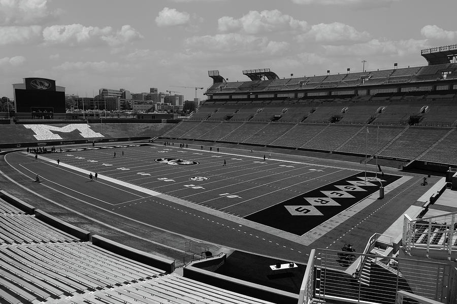 Faurot Field at Memorial Stadium at the University of Missouri in black and white #1 Photograph by Eldon McGraw