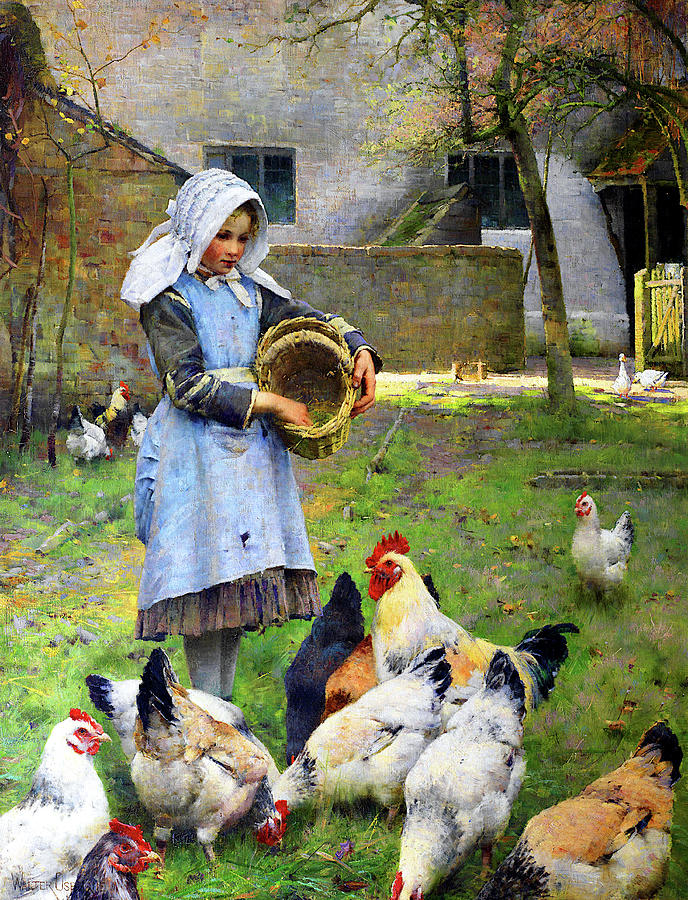 Chicken Painting - Feeding the Chickens #1 by Jon Baran
