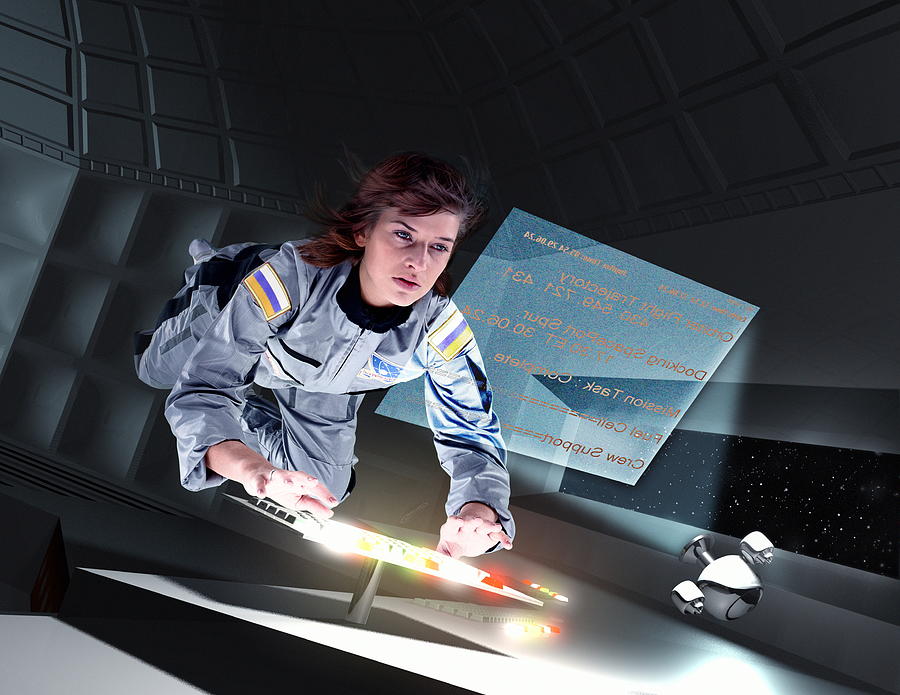 Female astronaut floating in space station (Digital Composite) #1 Photograph by John Lamb