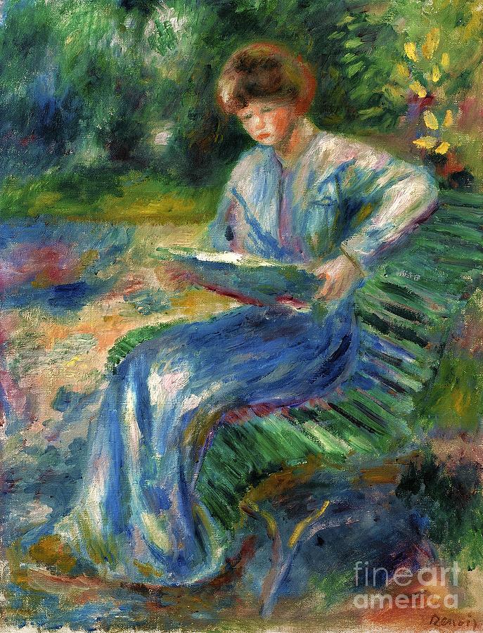 Femme lisant sur un banc Painting by Pierre-Auguste Renoir | Fine Art ...