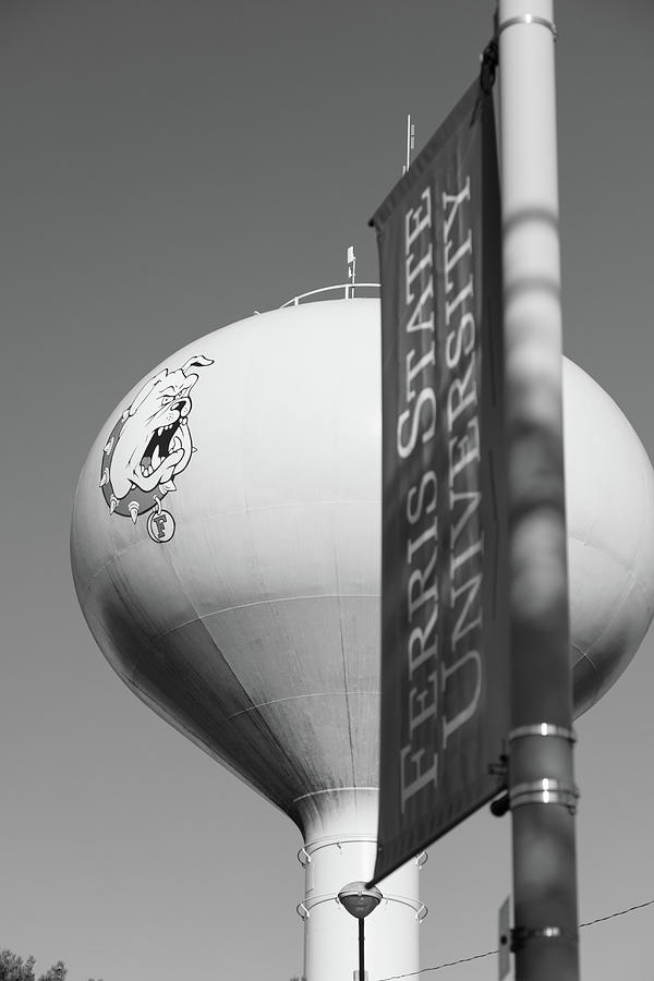 Ferris State University water tower and banner in black and white #1 Photograph by Eldon McGraw