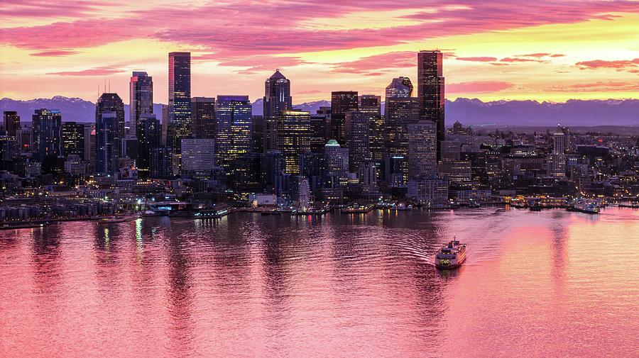 Ferry Departing Seattle At Sunrise Photograph