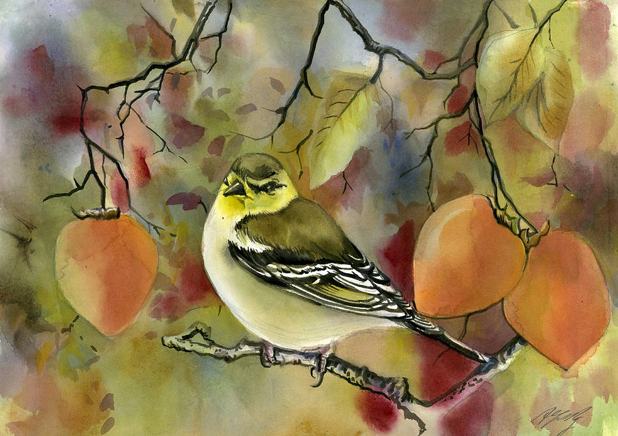 Finch With Persimmon #1 Painting by Alfred Ng