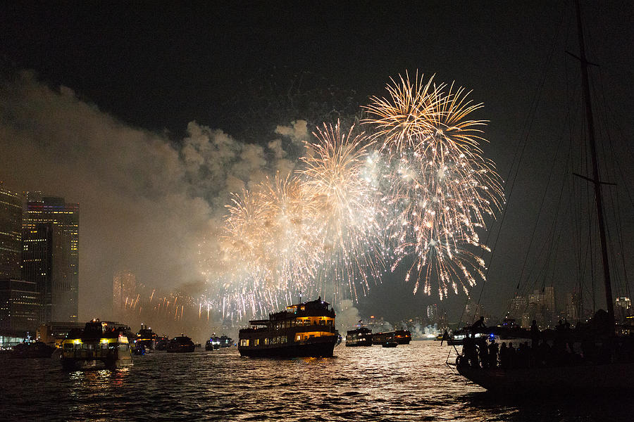 Firework display in New York Bay with boats in the foreground #1 Photograph by Photographed by Victoria Phipps ©