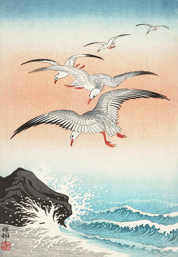 Animal Painting - Five seagulls above turbulent sea by Ohara Koson  by Mango Art