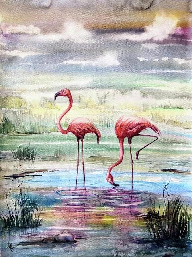 Flamingos Paradise  #1 Painting by Katerina Kovatcheva