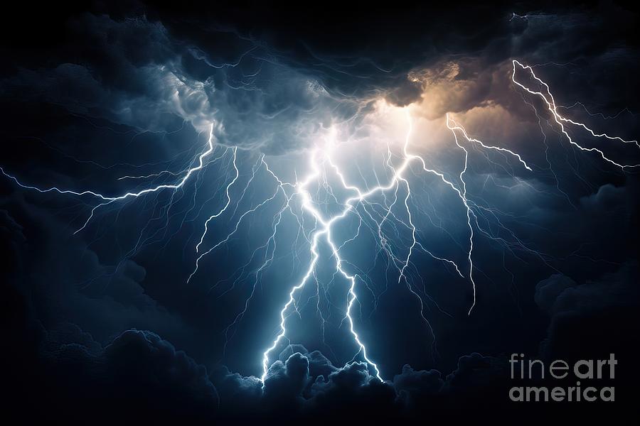 Nature Painting - Flash of lightning on dark background. Thunderstorm #1 by N Akkash