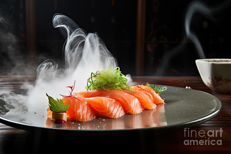 Flat lay top view on a salmon sashimi dish #1 Digital Art by Benny Marty